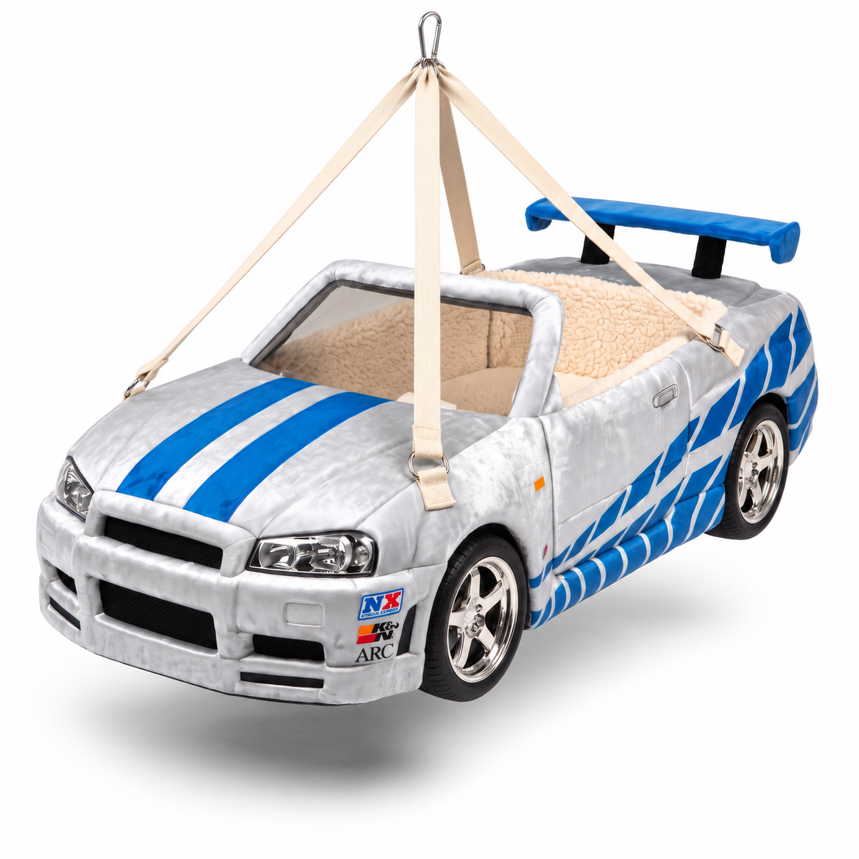 Lit suspendu pour chat en forme de voiture R34 gris et bleu, photo du produit