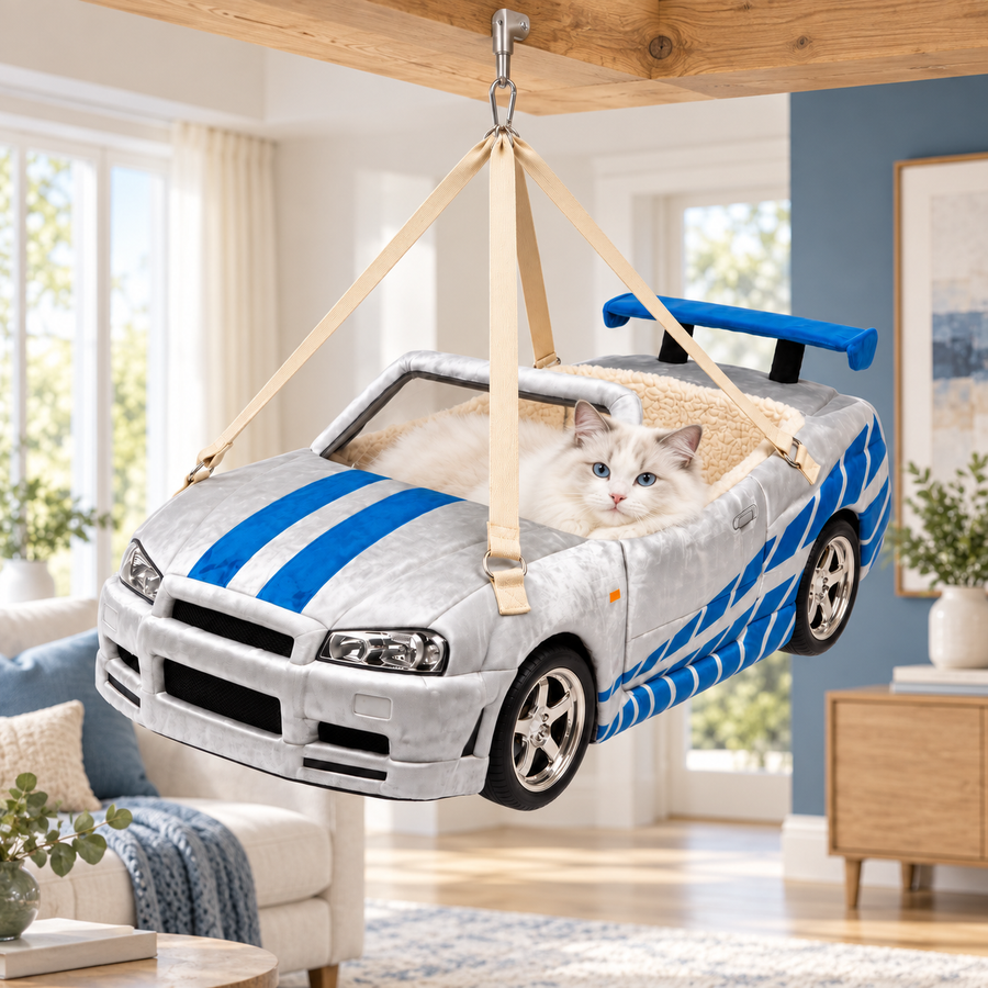R34 bleu, lit suspendu gris et bleu avec un chat, visuel d’ambiance