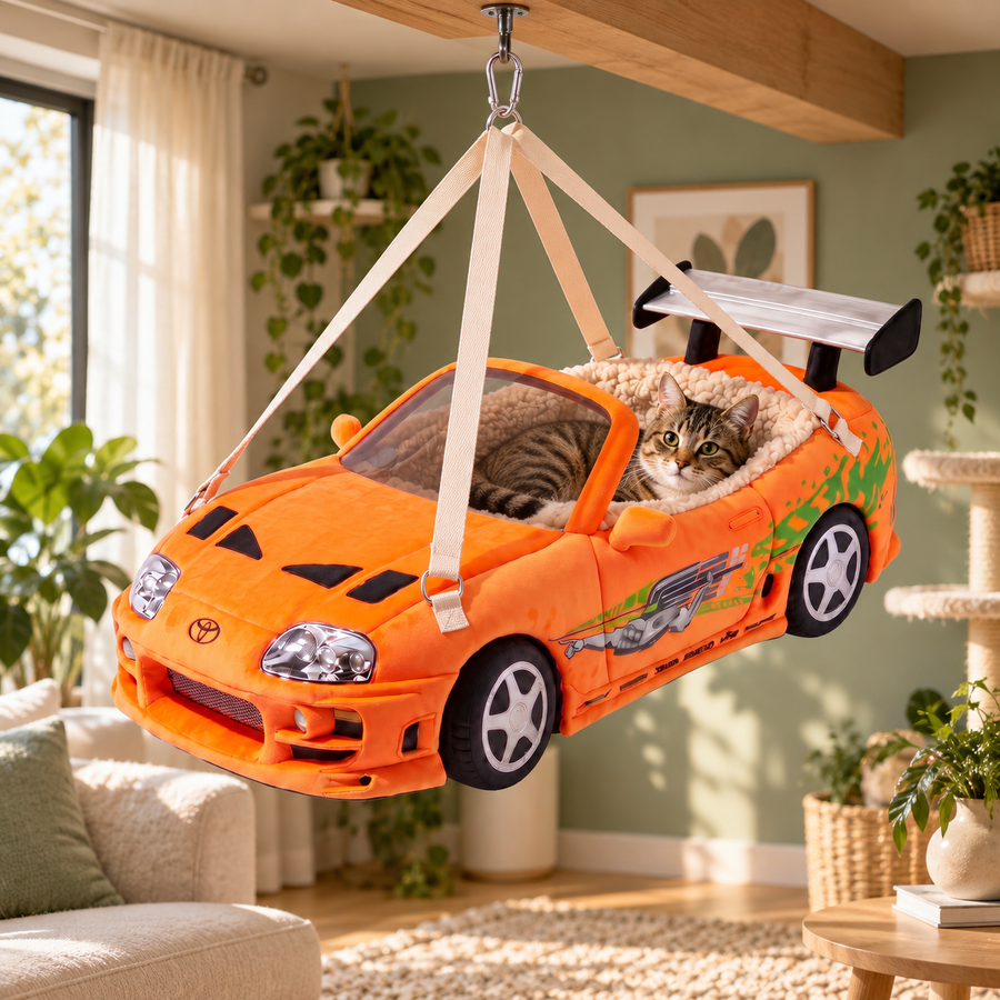MK4 orange, lit suspendu orange avec un chat, visuel d’ambiance