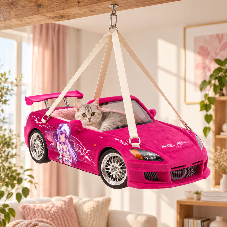 S2K rose, lit suspendu rose avec un chat, visuel d’ambiance